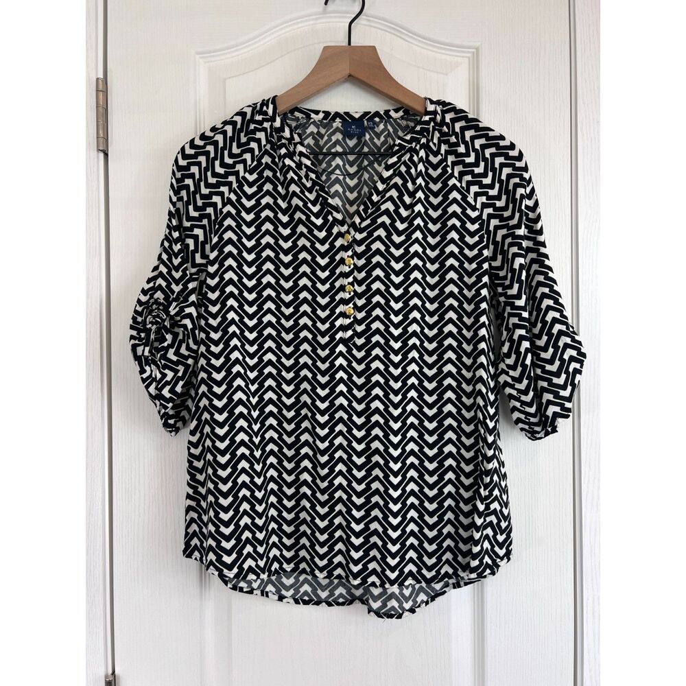 Kaari Blue Women's Black White Geometric Print Blouse Top Tie Sleeve Size XS